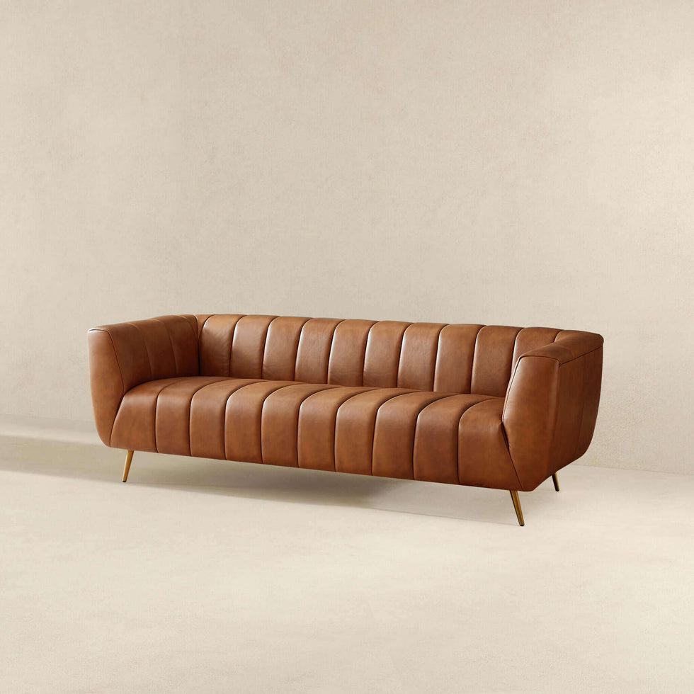 Ashcroft - Ava Genuine Italian Leather Channel Tufted Sofa in Tan