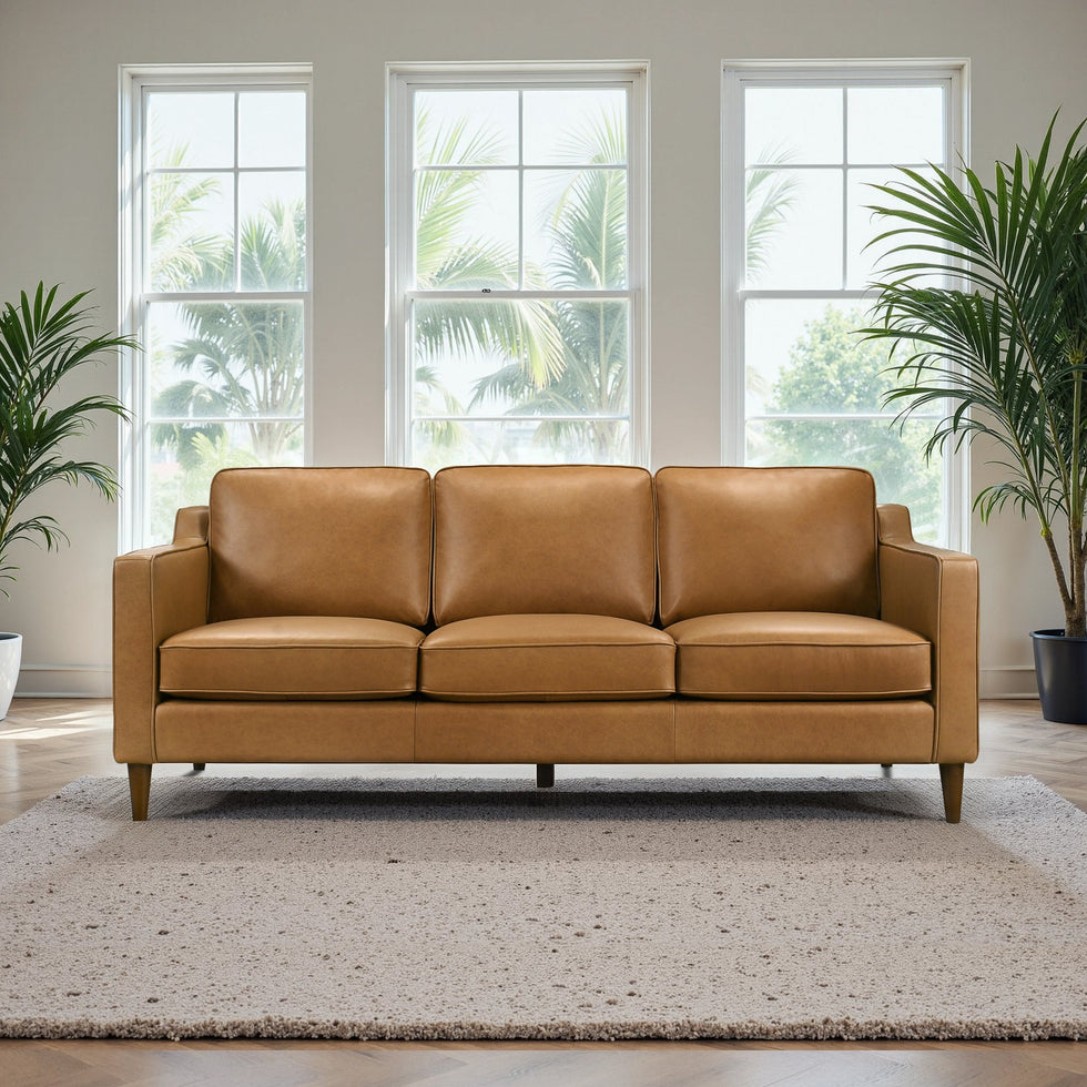 Ashcroft - Cooper Mid Century Modern Tan Leather Sofa