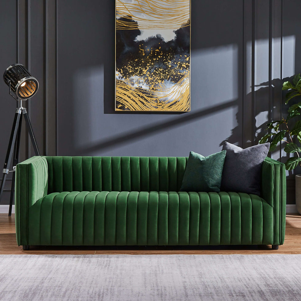 Ashcroft - Dominic Channel Tufted Velvet Sofa in Green