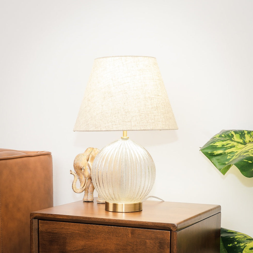 Ashcroft - Serenity Round Ribbed Glass Lamp Base Clear Table Lamp Large Linen Shade