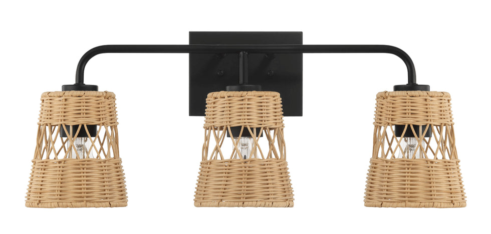 Ashcroft - Moonlit Three Lights Wall Sconce With Rattan Shade, Bathroom Lighting Fixtures Over Mirror