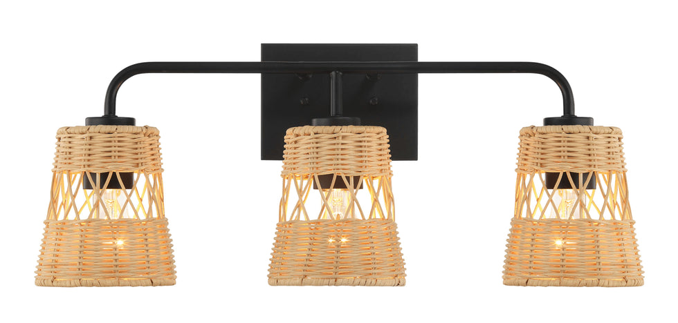Ashcroft - Moonlit Three Lights Wall Sconce With Rattan Shade, Bathroom Lighting Fixtures Over Mirror