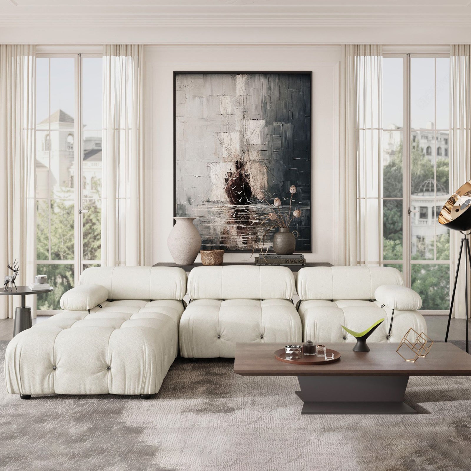 Crenus - Lusso 103.95" 3-Seater Leather Sofa With Ottoman Water Resistant Anti scratch