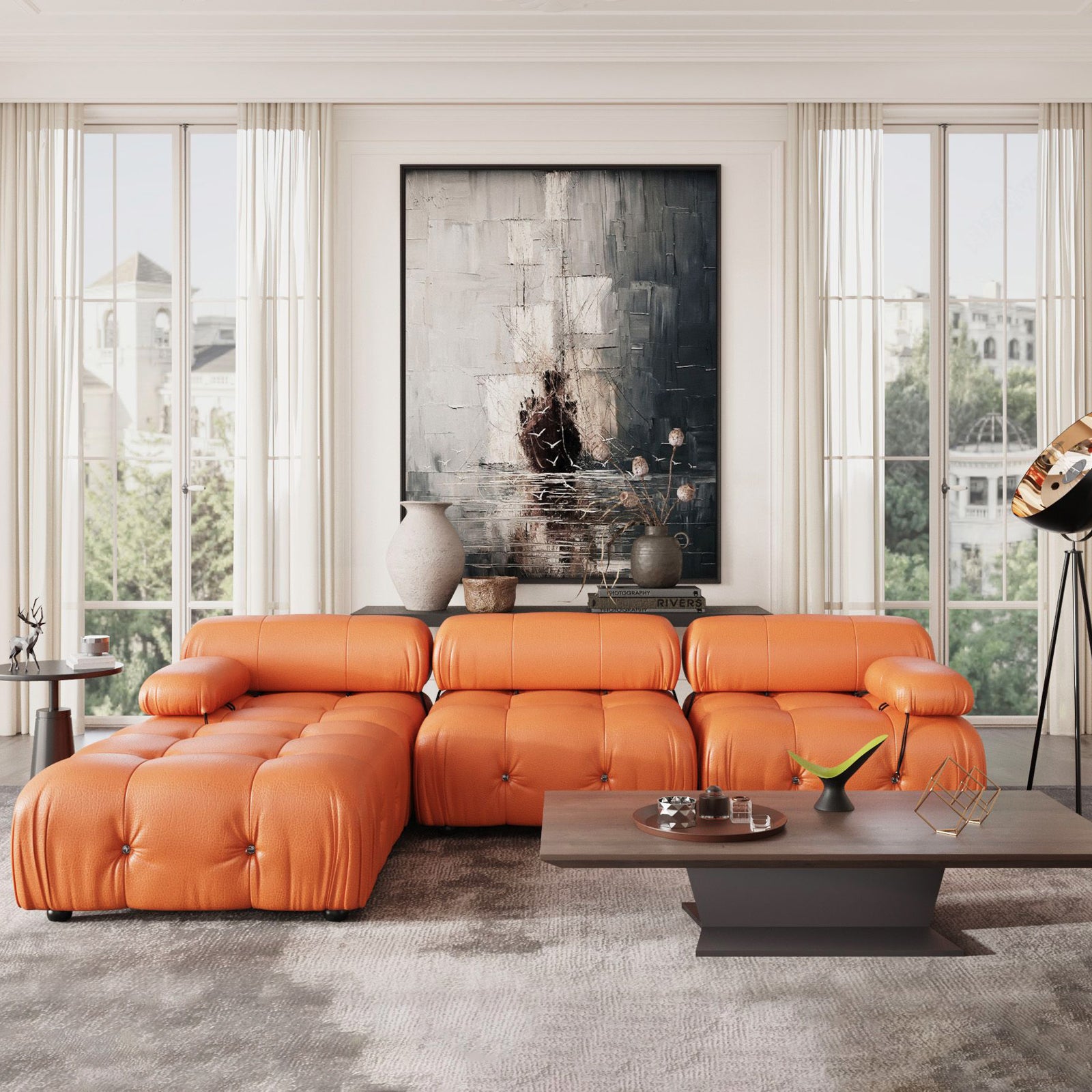 Crenus - Lusso 103.95" 3-Seater Leather Sofa With Ottoman Water Resistant Anti scratch