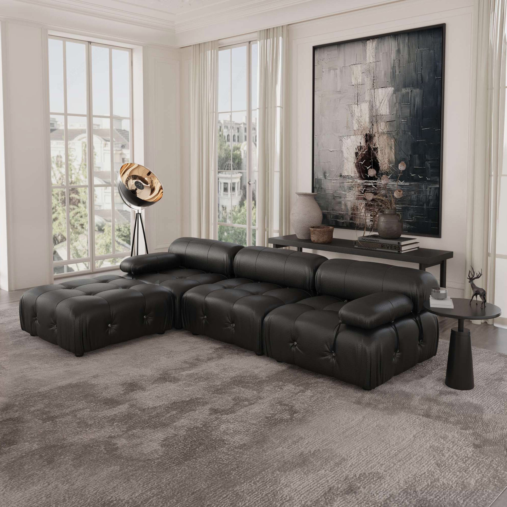 Crenus - Lusso 103.95" 3-Seater Leather Sofa With Ottoman Water Resistant Anti scratch