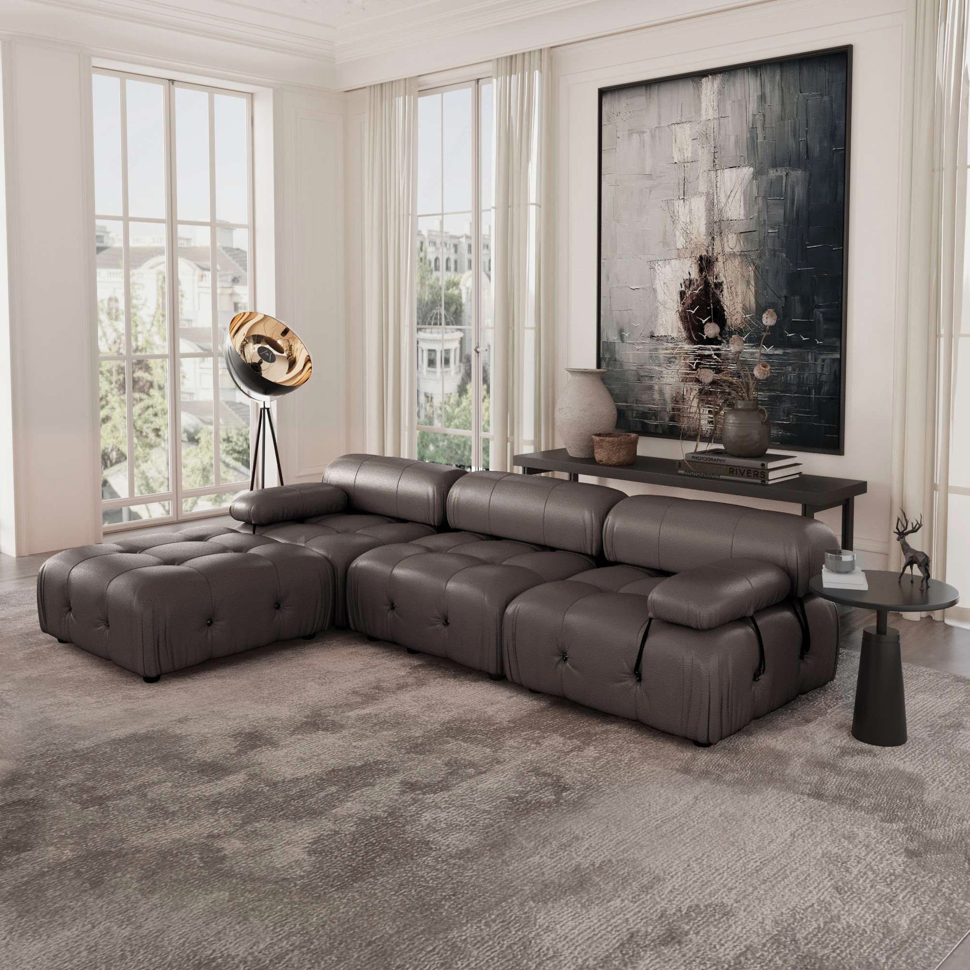 Crenus - Lusso 103.95" 3-Seater Leather Sofa With Ottoman Water Resistant Anti scratch