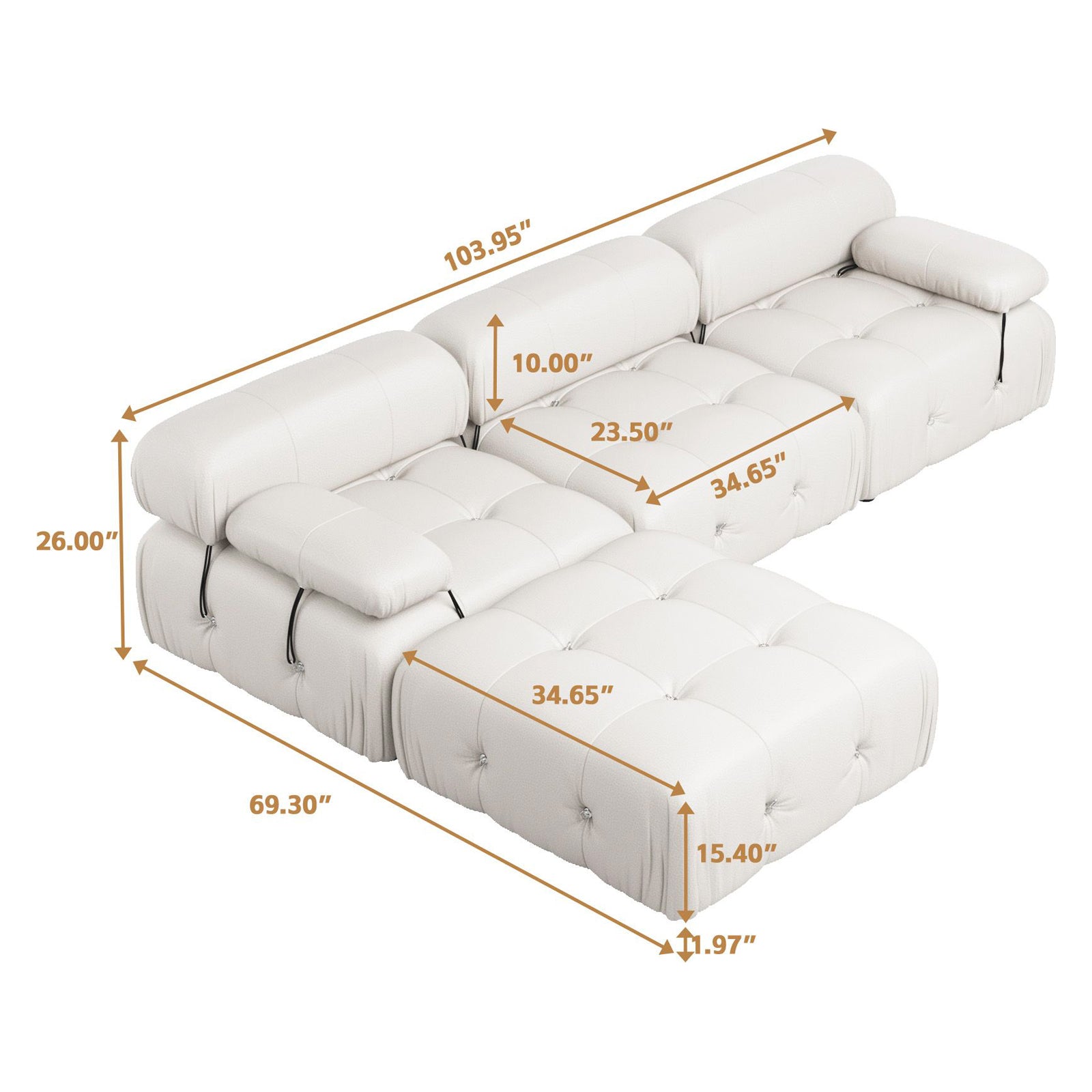 Crenus - Lusso 103.95" 3-Seater Leather Sofa With Ottoman Water Resistant Anti scratch