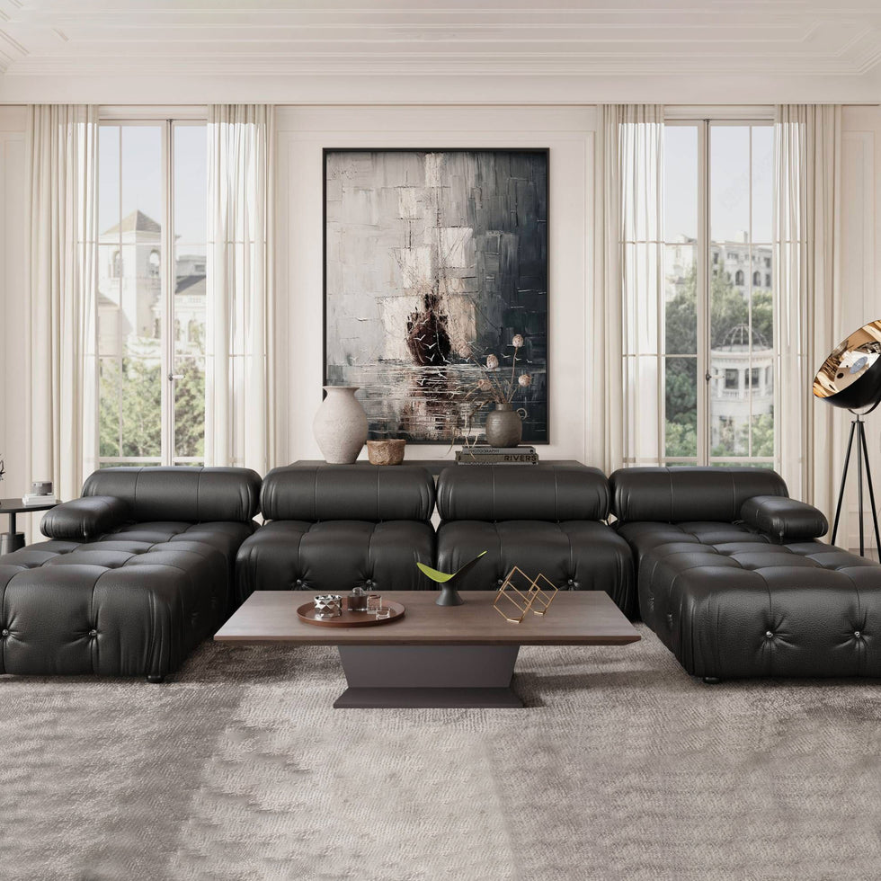Crenus - Lusso 138.60" U-Shaped Leather Sectional Sofa Lounge With 2 Ottomans