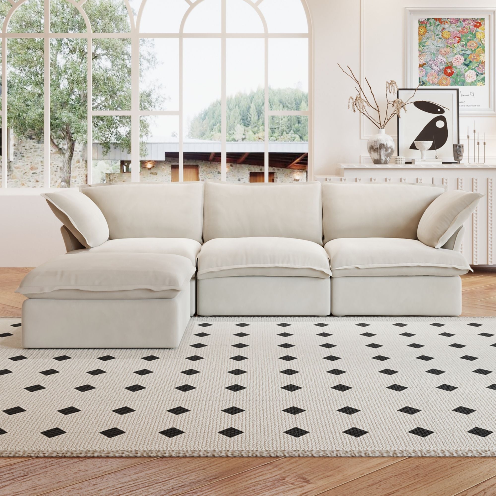 Crenus - Softspot 122.82" Linen Sectional Sofa-3 Seats with 1 Ottoman