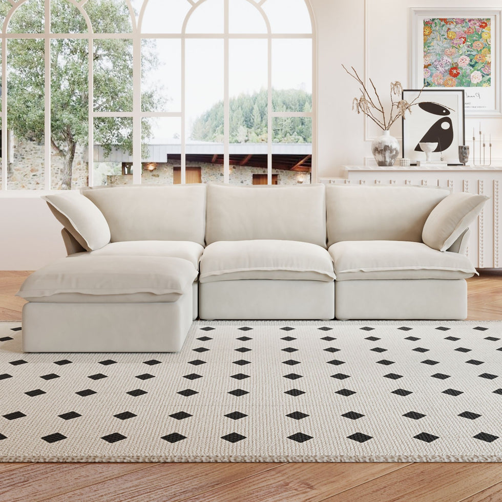 Crenus - Softspot 122.82" Linen Sectional Sofa-3 Seats with 1 Ottoman