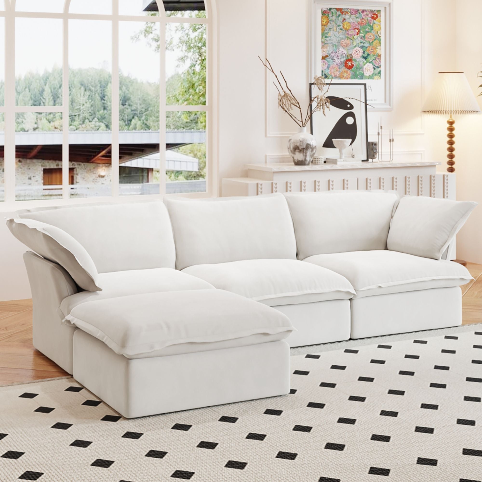 Crenus - Softspot 122.82" Linen Sectional Sofa-3 Seats with 1 Ottoman
