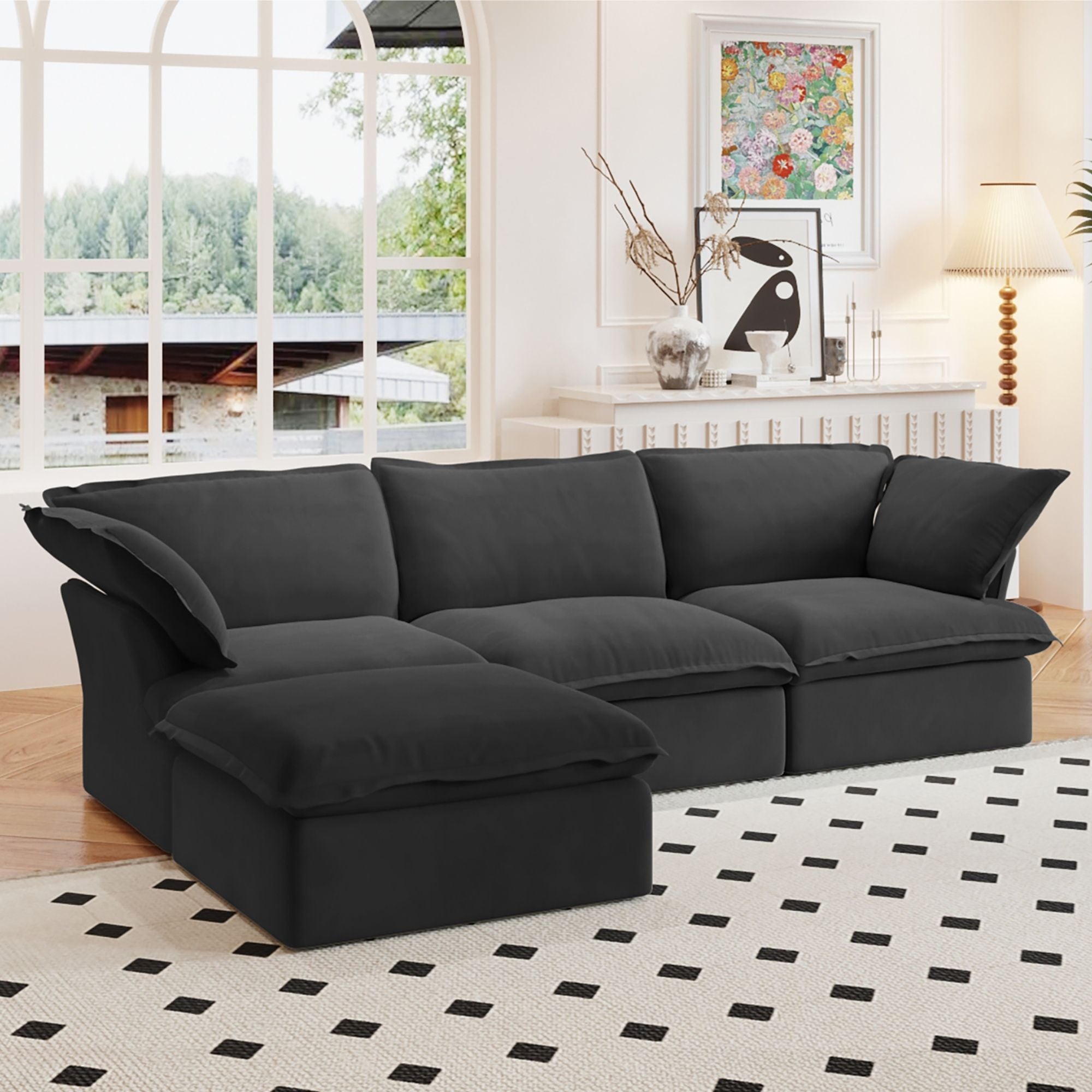 Crenus - Softspot 122.82" Linen Sectional Sofa-3 Seats with 1 Ottoman