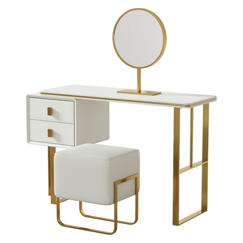 Crenus - Modern Orange Dresser Makeup Table with Mirror and Stool Bedroom Furniture with 2 Drawers