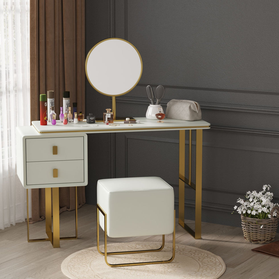 Crenus - Modern Orange Dresser Makeup Table with Mirror and Stool Bedroom Furniture with 2 Drawers