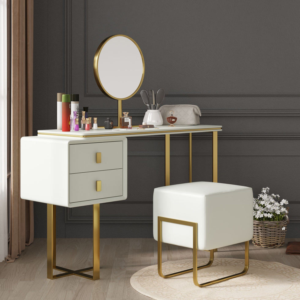 Crenus - Modern Orange Dresser Makeup Table with Mirror and Stool Bedroom Furniture with 2 Drawers