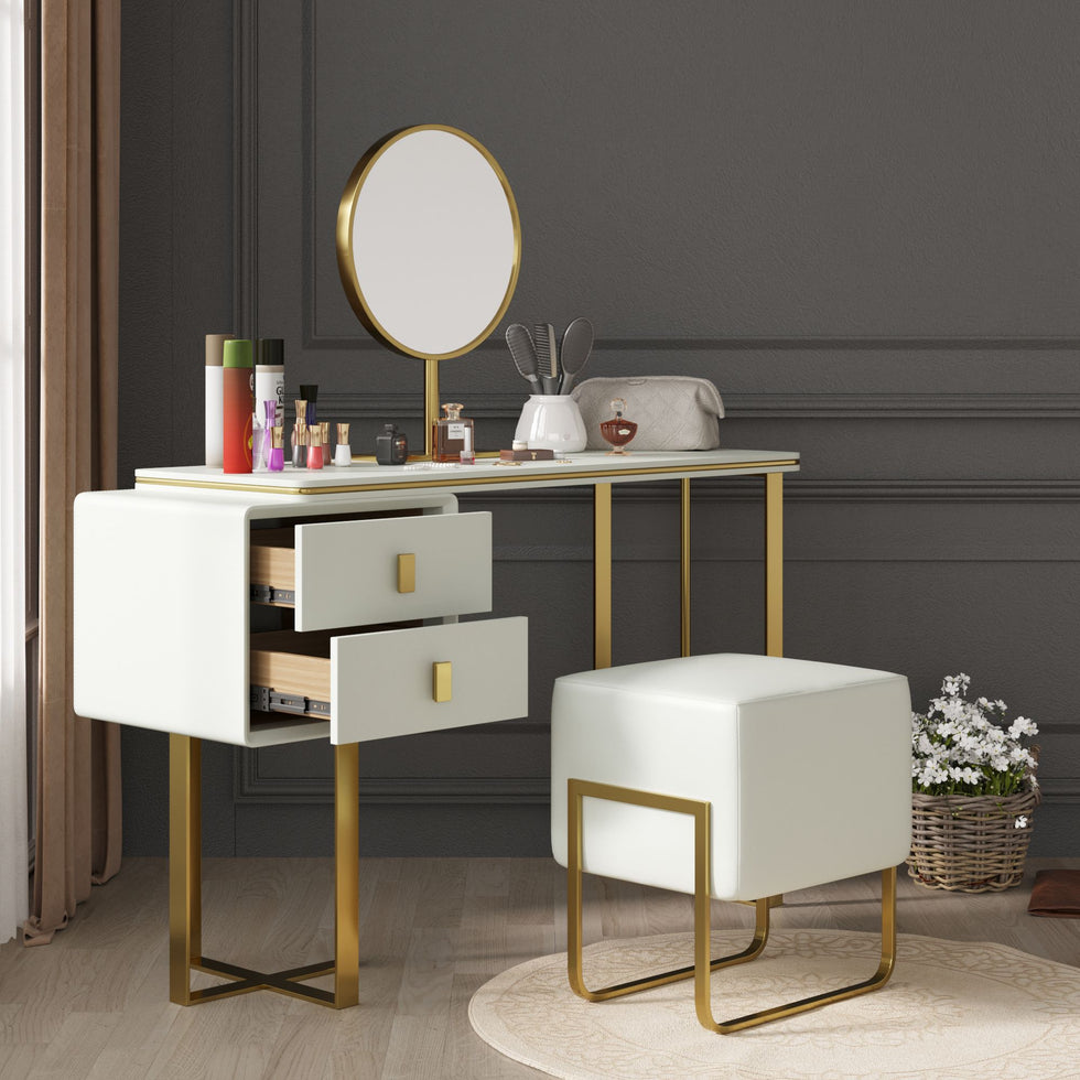 Crenus - Modern Orange Dresser Makeup Table with Mirror and Stool Bedroom Furniture with 2 Drawers