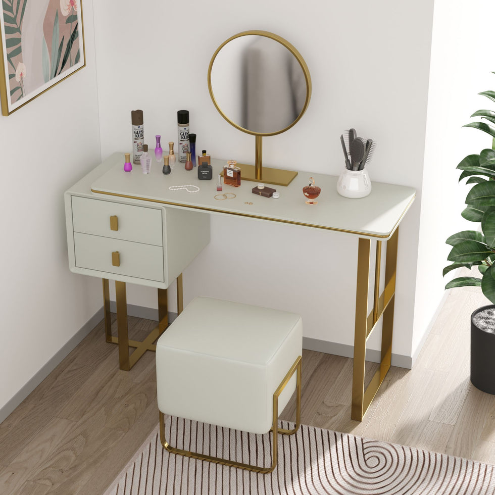 Crenus - Modern Orange Dresser Makeup Table with Mirror and Stool Bedroom Furniture with 2 Drawers