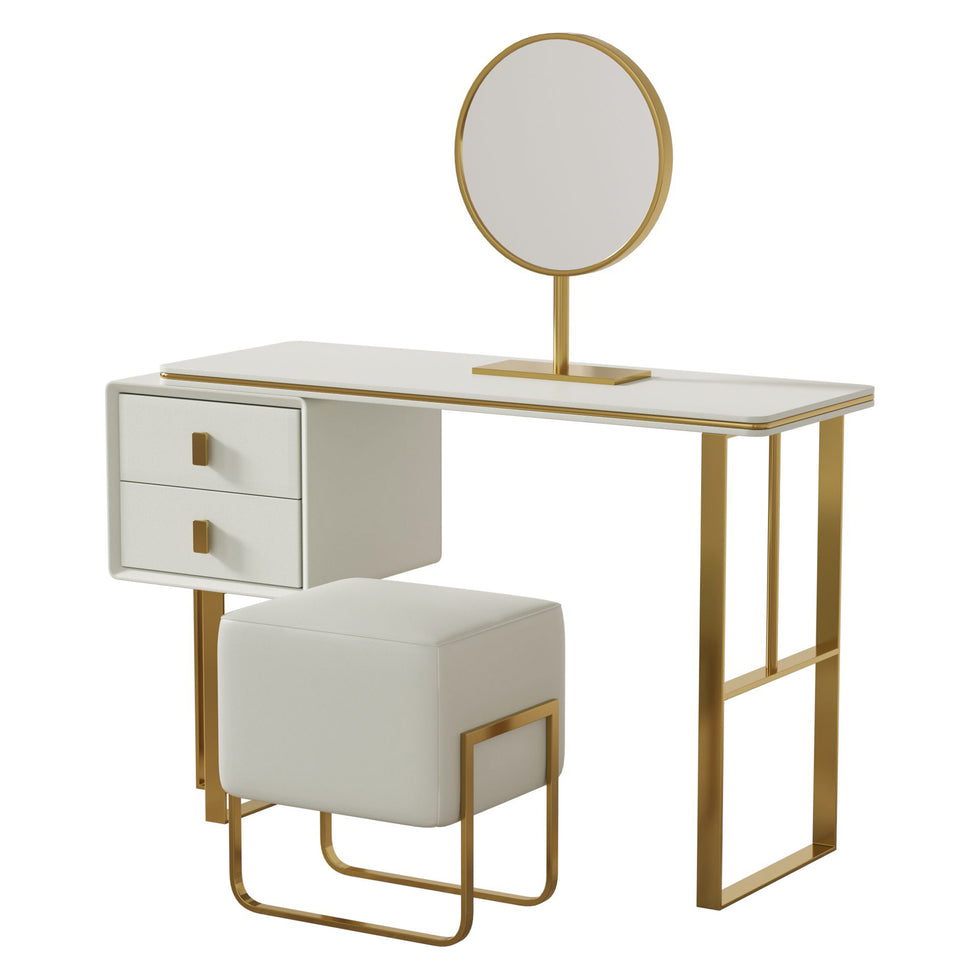 Crenus - Modern Orange Dresser Makeup Table with Mirror and Stool Bedroom Furniture with 2 Drawers