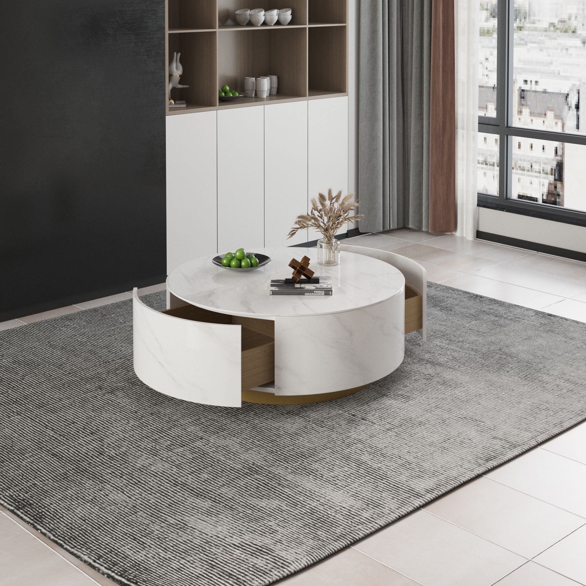 Crenus - Dolce 33.47" Marble/Wood Round Coffee Table