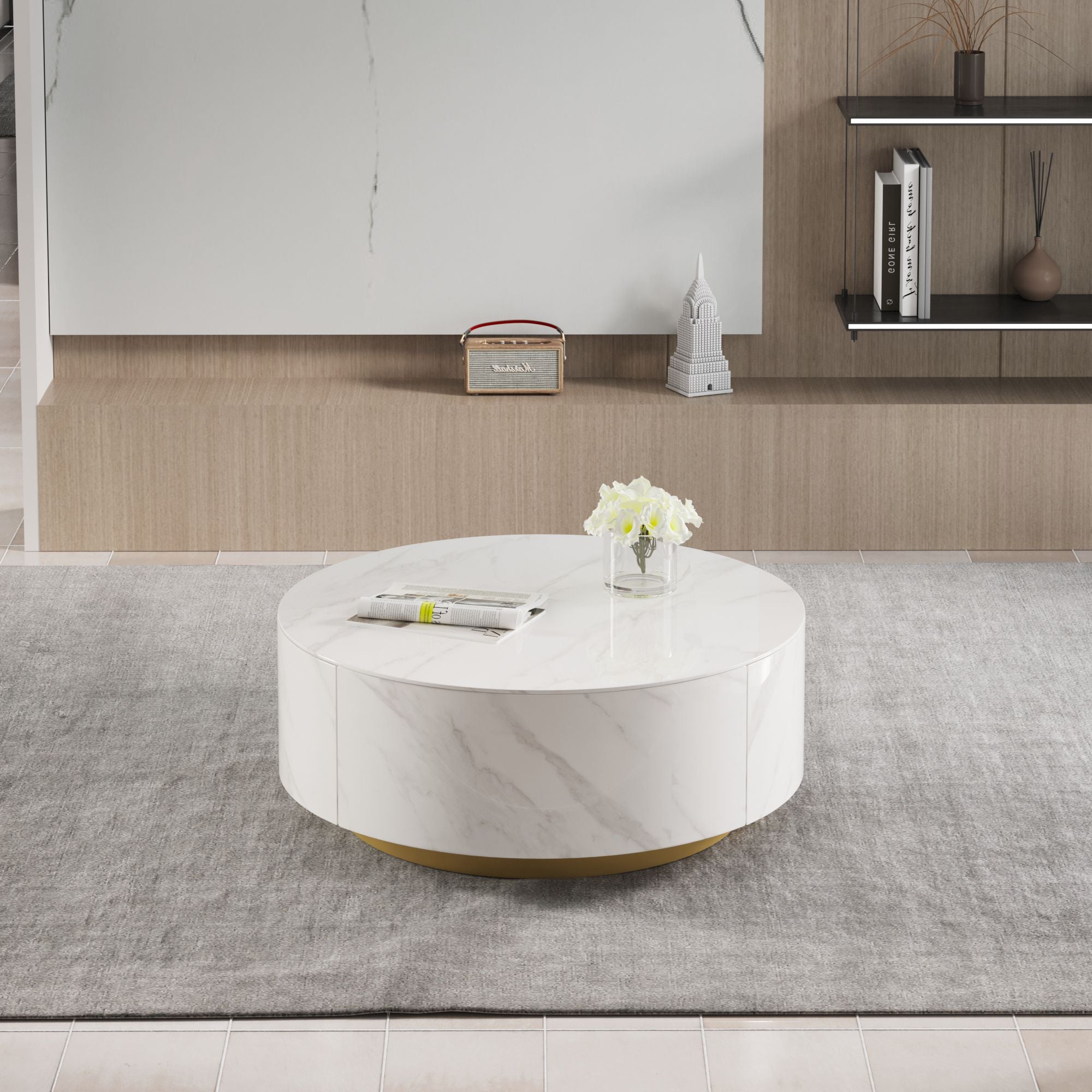 Crenus - Dolce 33.47" Marble/Wood Round Coffee Table