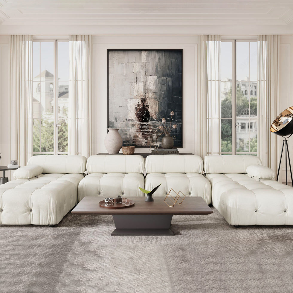 Crenus - Lusso 138.60" U-Shaped Leather Sectional Sofa Lounge With 2 Ottomans