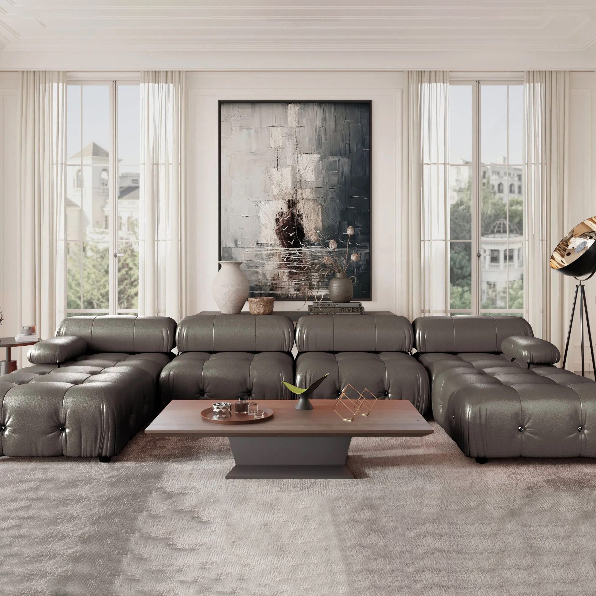 Crenus - Lusso 138.60" U-Shaped Leather Sectional Sofa Lounge With 2 Ottomans