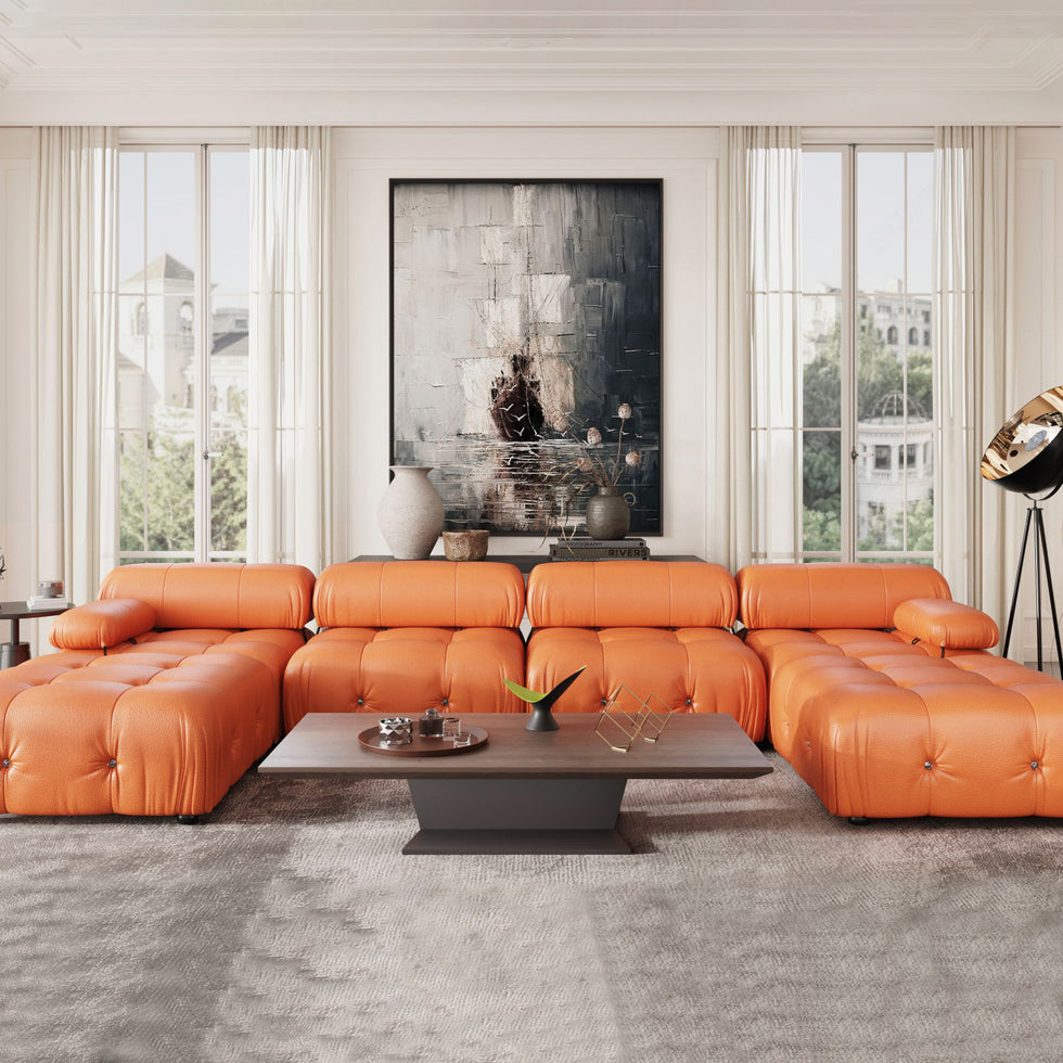Crenus - Lusso 138.60" U-Shaped Leather Sectional Sofa Lounge With 2 Ottomans