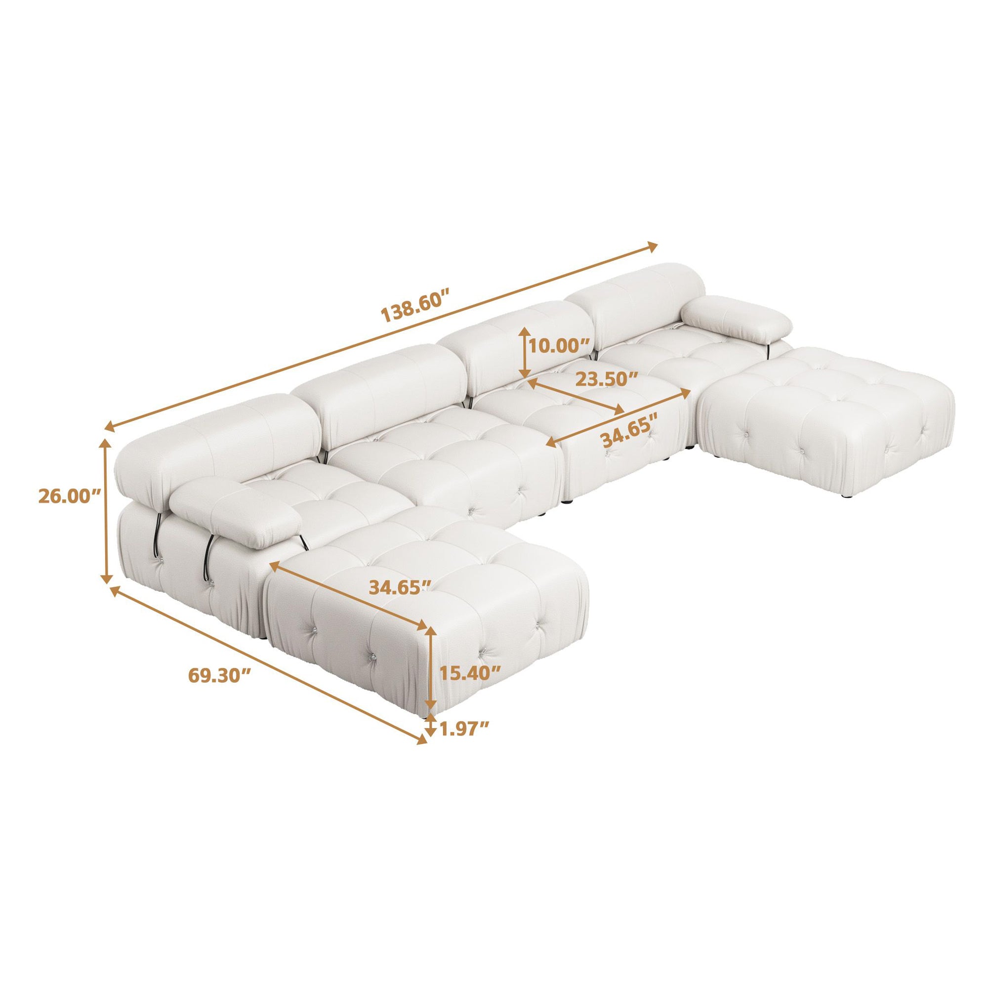 Crenus - Lusso 138.60" U-Shaped Leather Sectional Sofa Lounge With 2 Ottomans