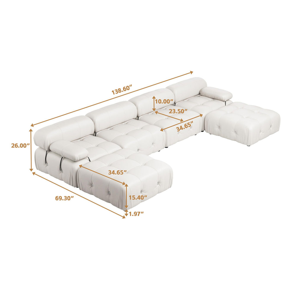 Crenus - Lusso 138.60" U-Shaped Leather Sectional Sofa Lounge With 2 Ottomans