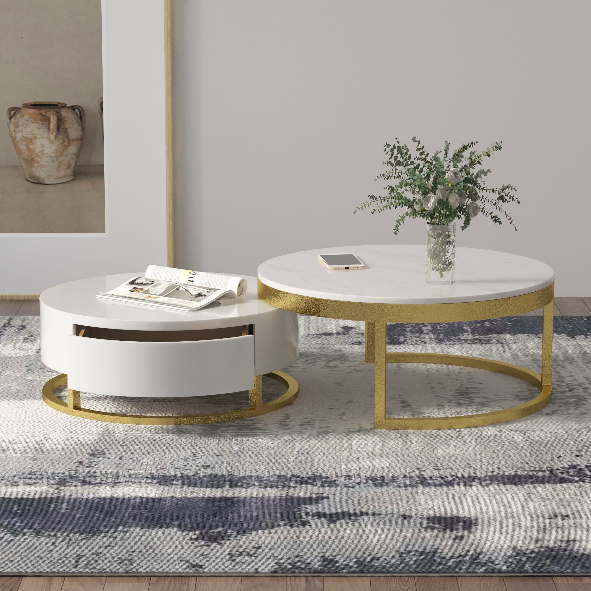Crenus - Pausa 27.56" Round Nesting Wood Coffee Table