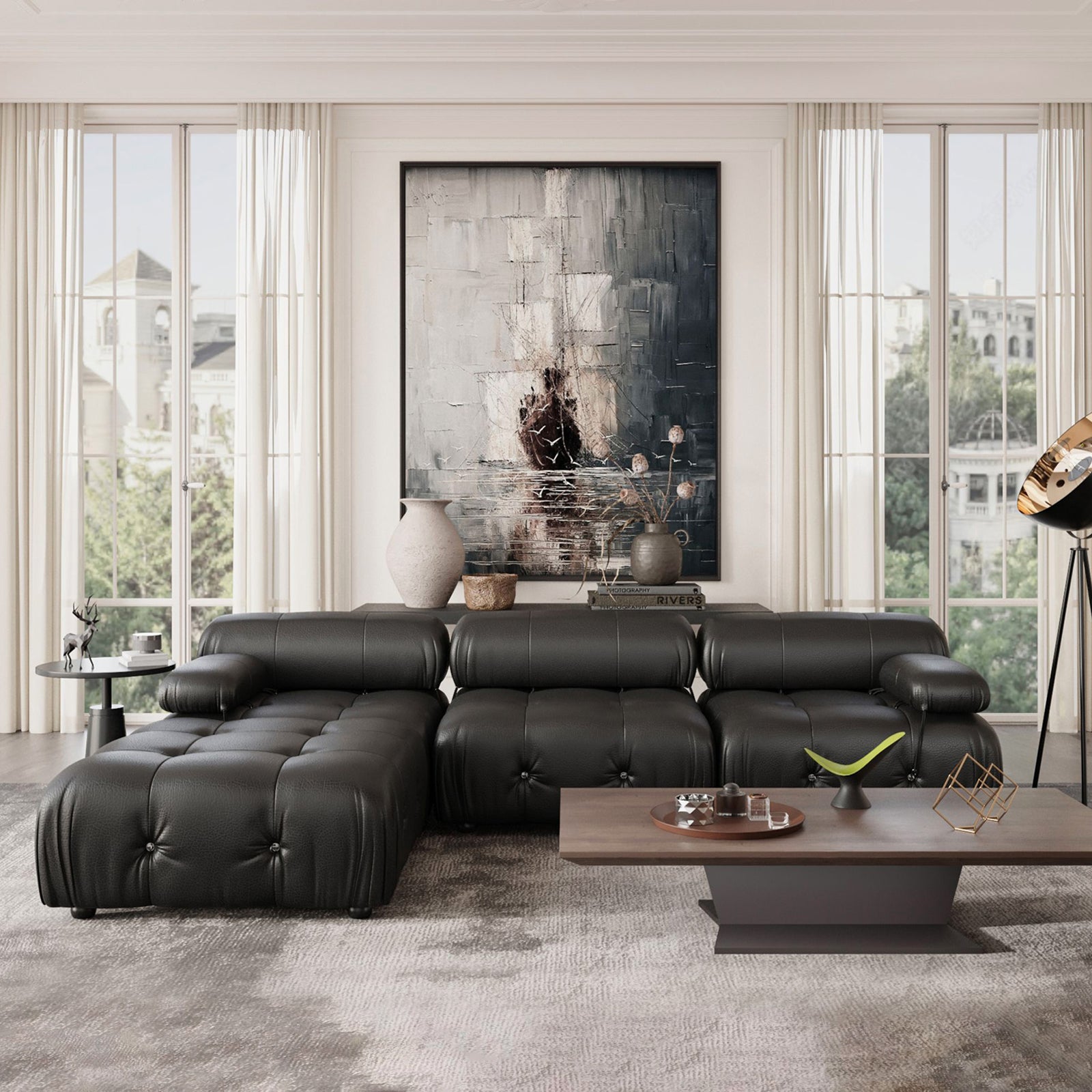 Crenus - Lusso 103.95" 3-Seater Leather Sofa With Ottoman Water Resistant Anti scratch