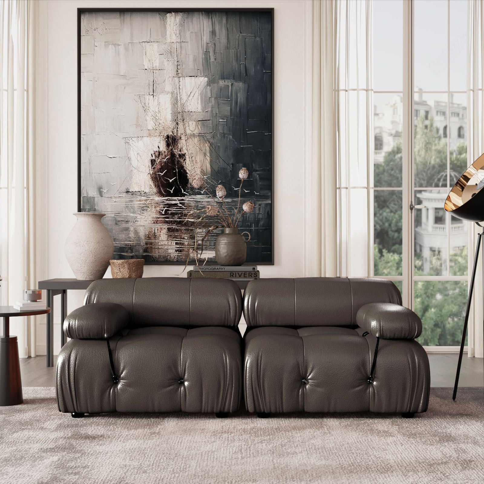 Crenus - Lusso 69.3" Loveseat Leather Sectional Sofa With Removable Armrests