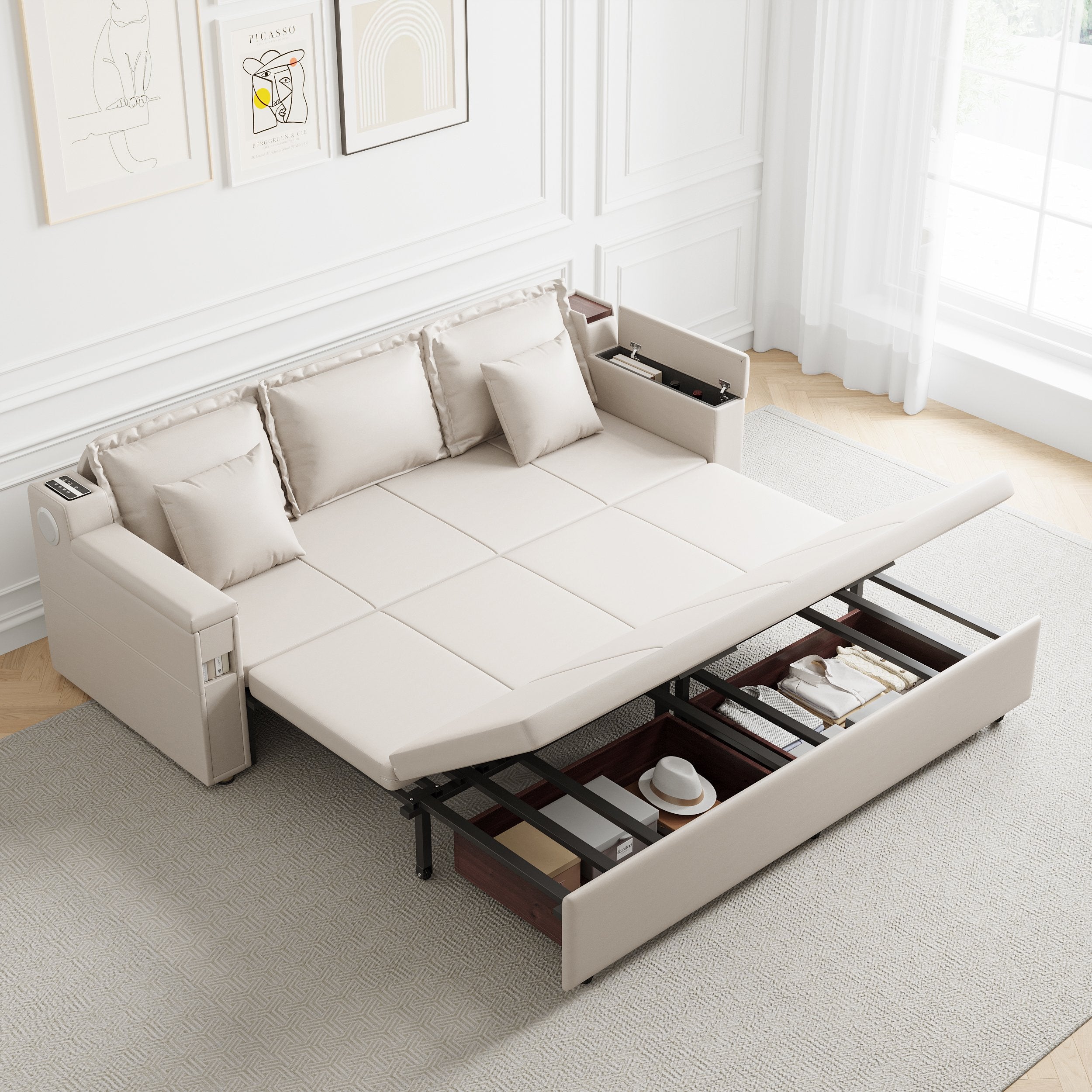 HMR - 83" King 3-Seater Leather Sleeper Sofa with Speaker & USB Ports