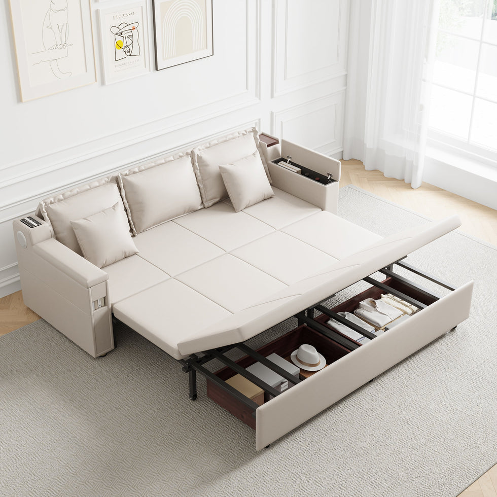 HMR - 83" King 3-Seater Leather Sleeper Sofa with Speaker & USB Ports