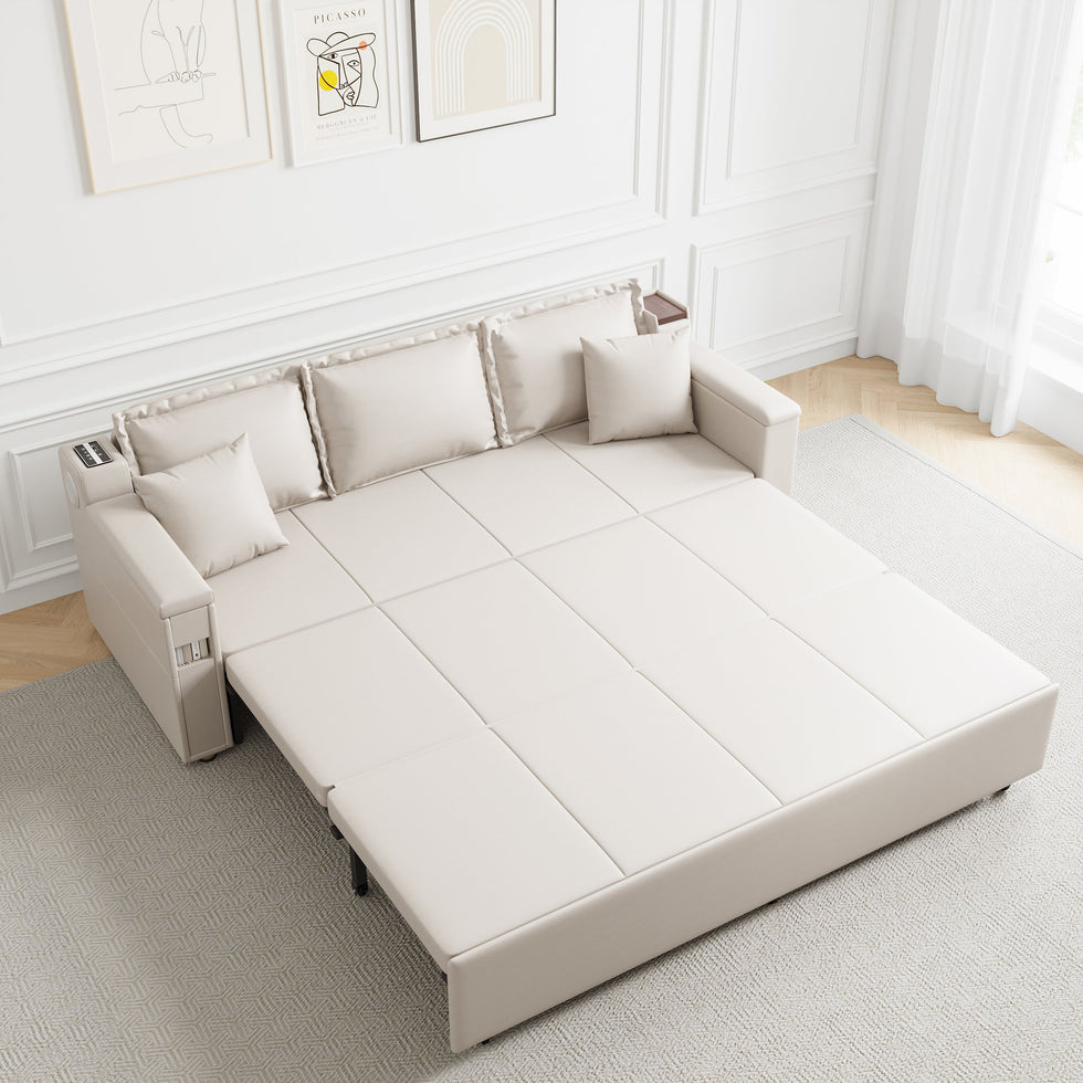 HMR - 83" King 3-Seater Leather Sleeper Sofa with Speaker & USB Ports