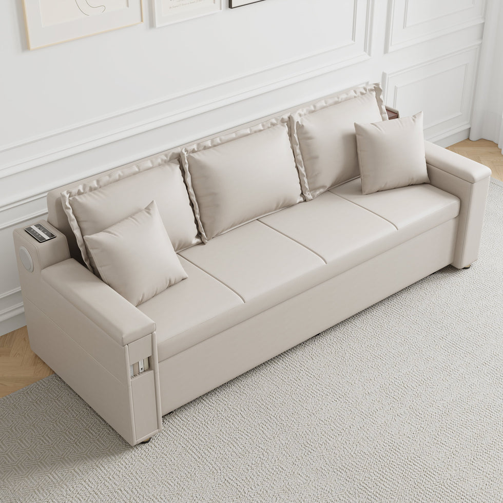 HMR - 83" King 3-Seater Leather Sleeper Sofa with Speaker & USB Ports