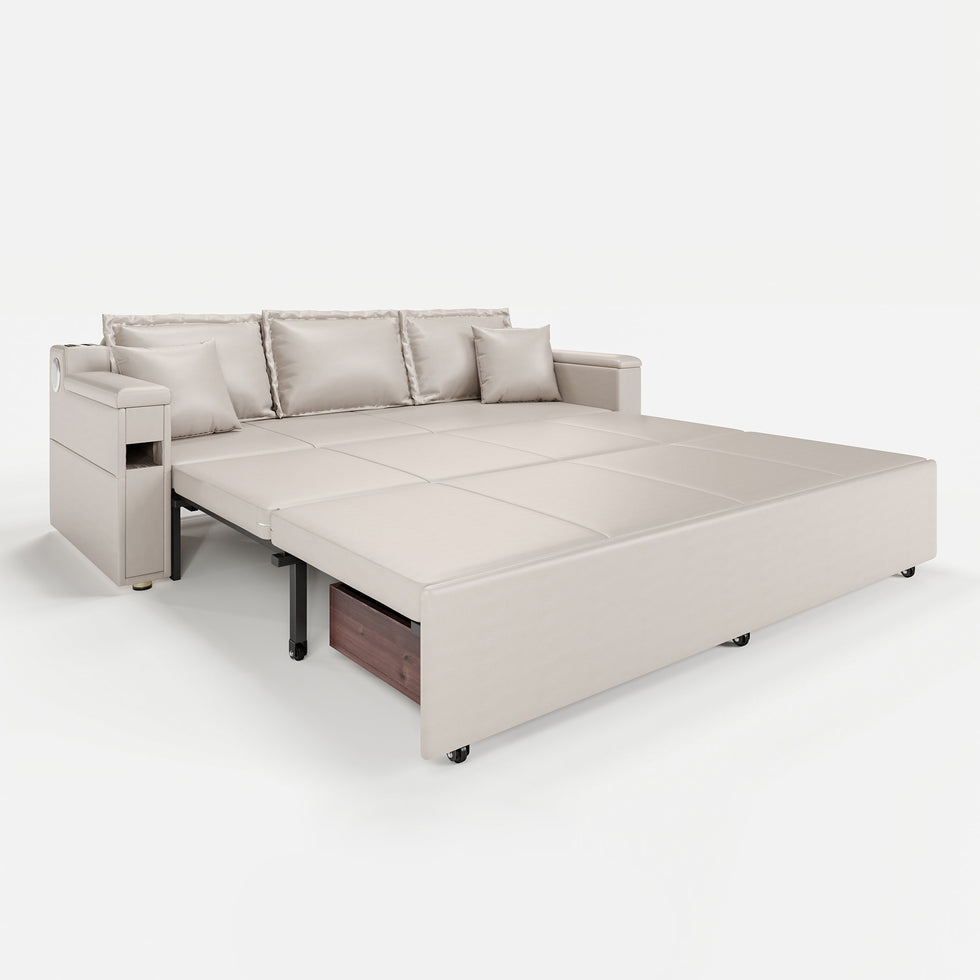 HMR - 83" King 3-Seater Leather Sleeper Sofa with Speaker & USB Ports