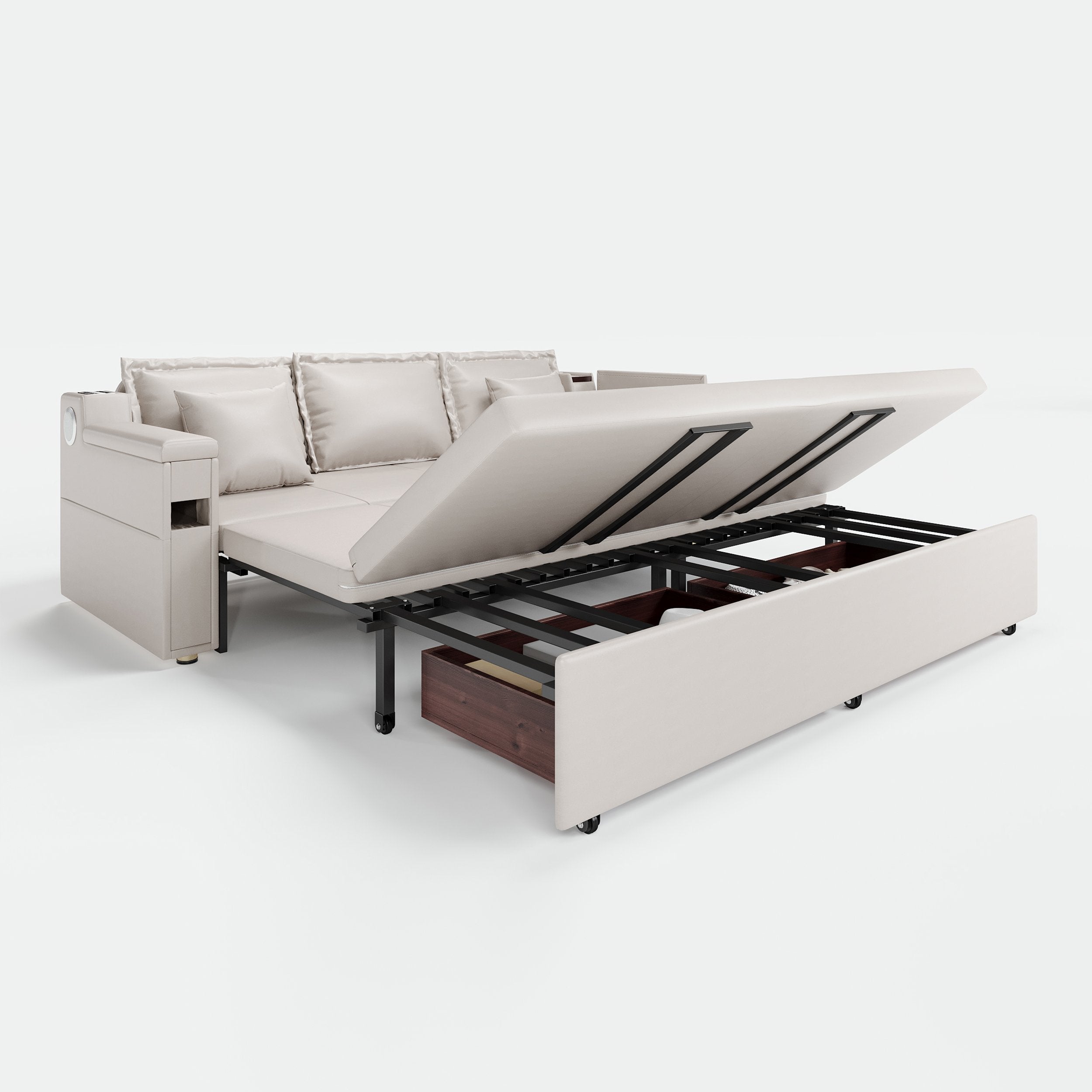 HMR - 83" King 3-Seater Leather Sleeper Sofa with Speaker & USB Ports