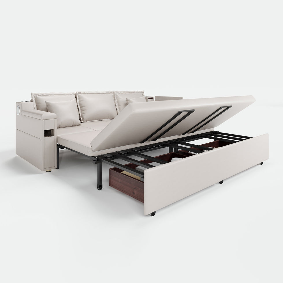 HMR - 83" King 3-Seater Leather Sleeper Sofa with Speaker & USB Ports