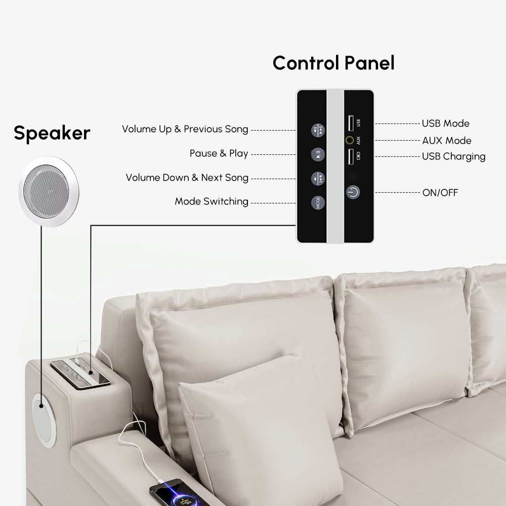 HMR - 83" King 3-Seater Leather Sleeper Sofa with Speaker & USB Ports