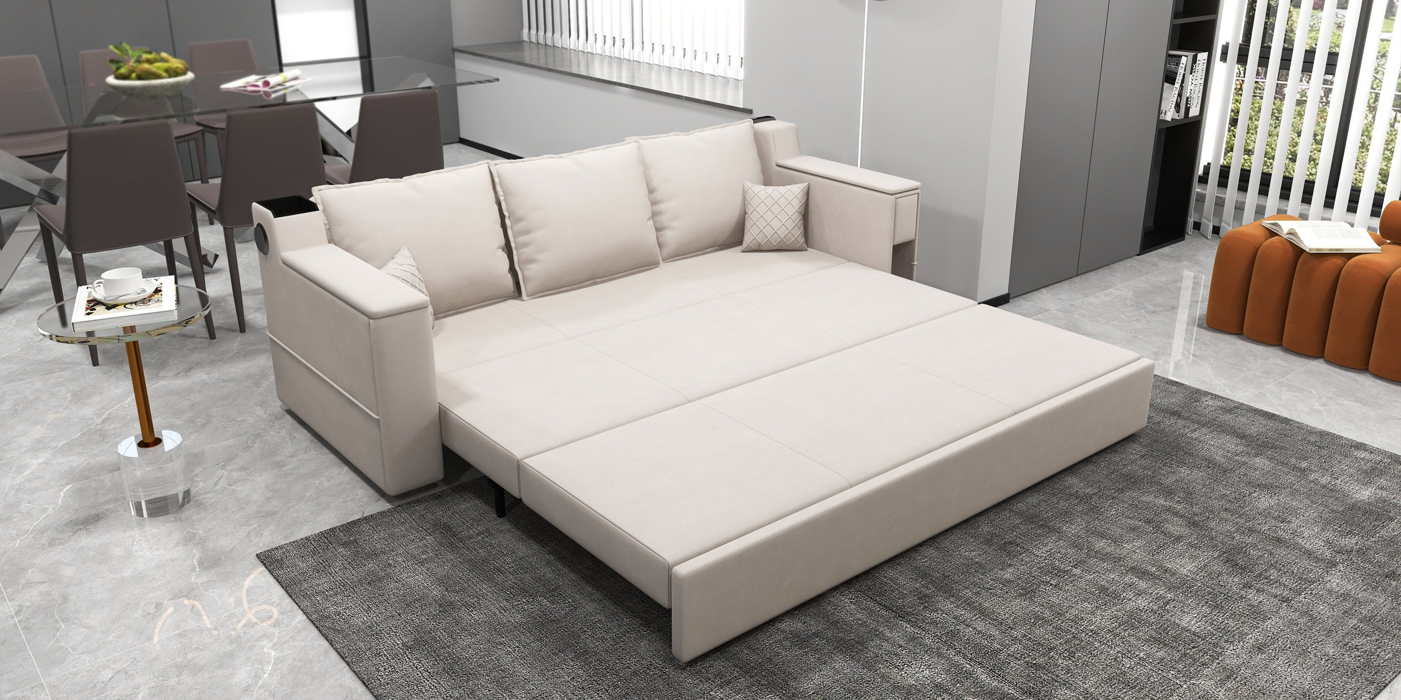 HMR - 83" King 3-Seater Leather Sleeper Sofa with Speaker & USB Ports
