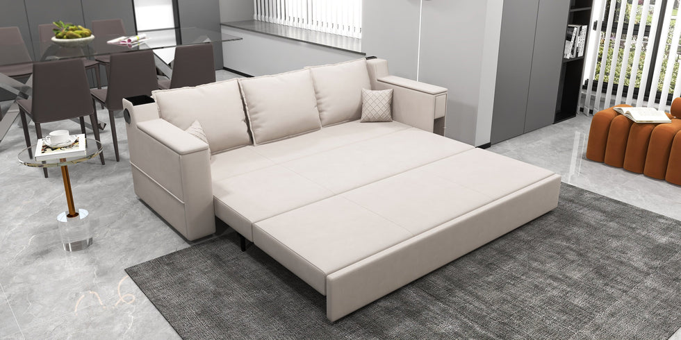 HMR - 83" King 3-Seater Leather Sleeper Sofa with Speaker & USB Ports