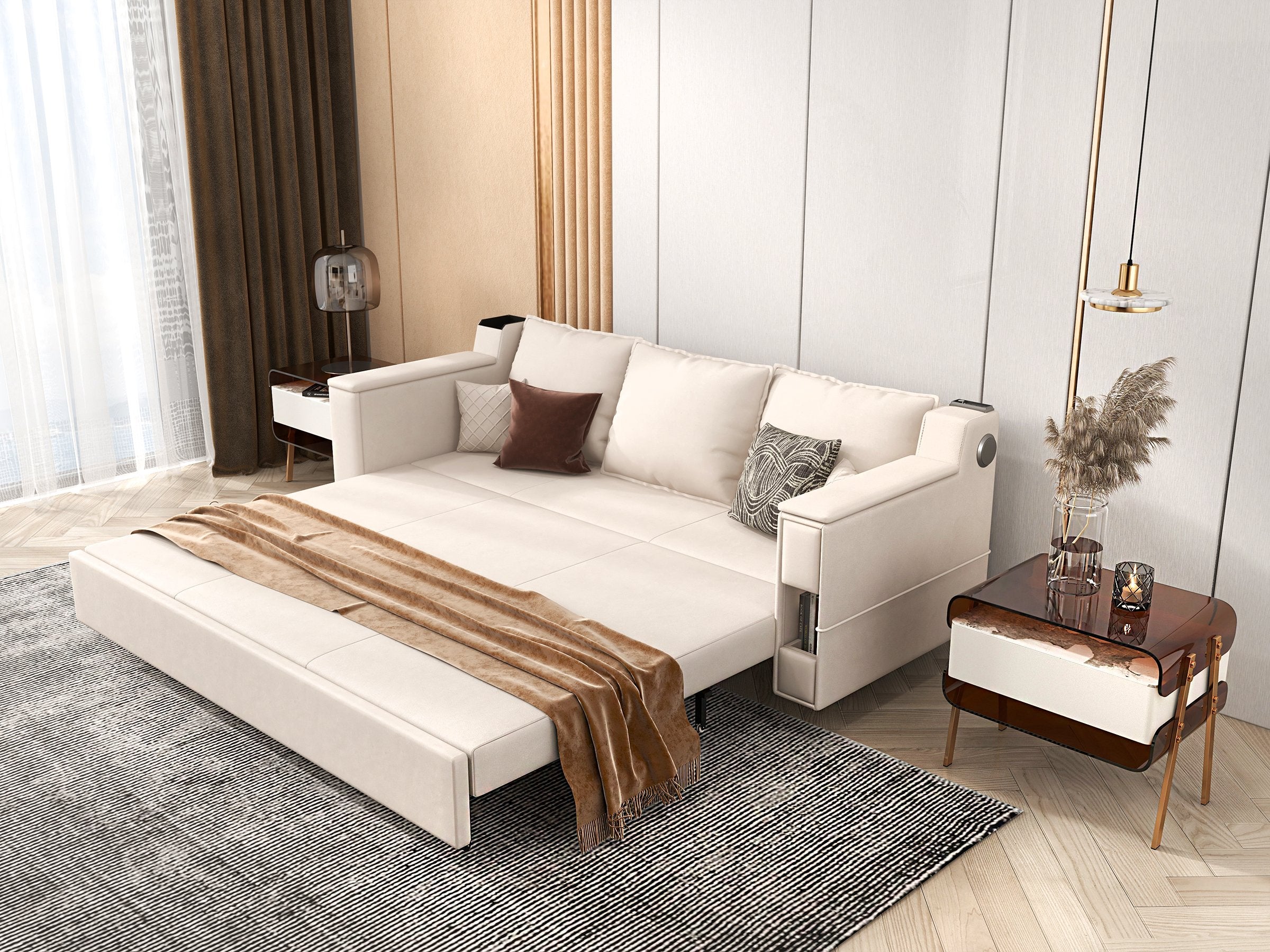 HMR - 83" King 3-Seater Leather Sleeper Sofa with Speaker & USB Ports