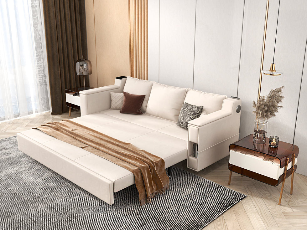 HMR - 83" King 3-Seater Leather Sleeper Sofa with Speaker & USB Ports