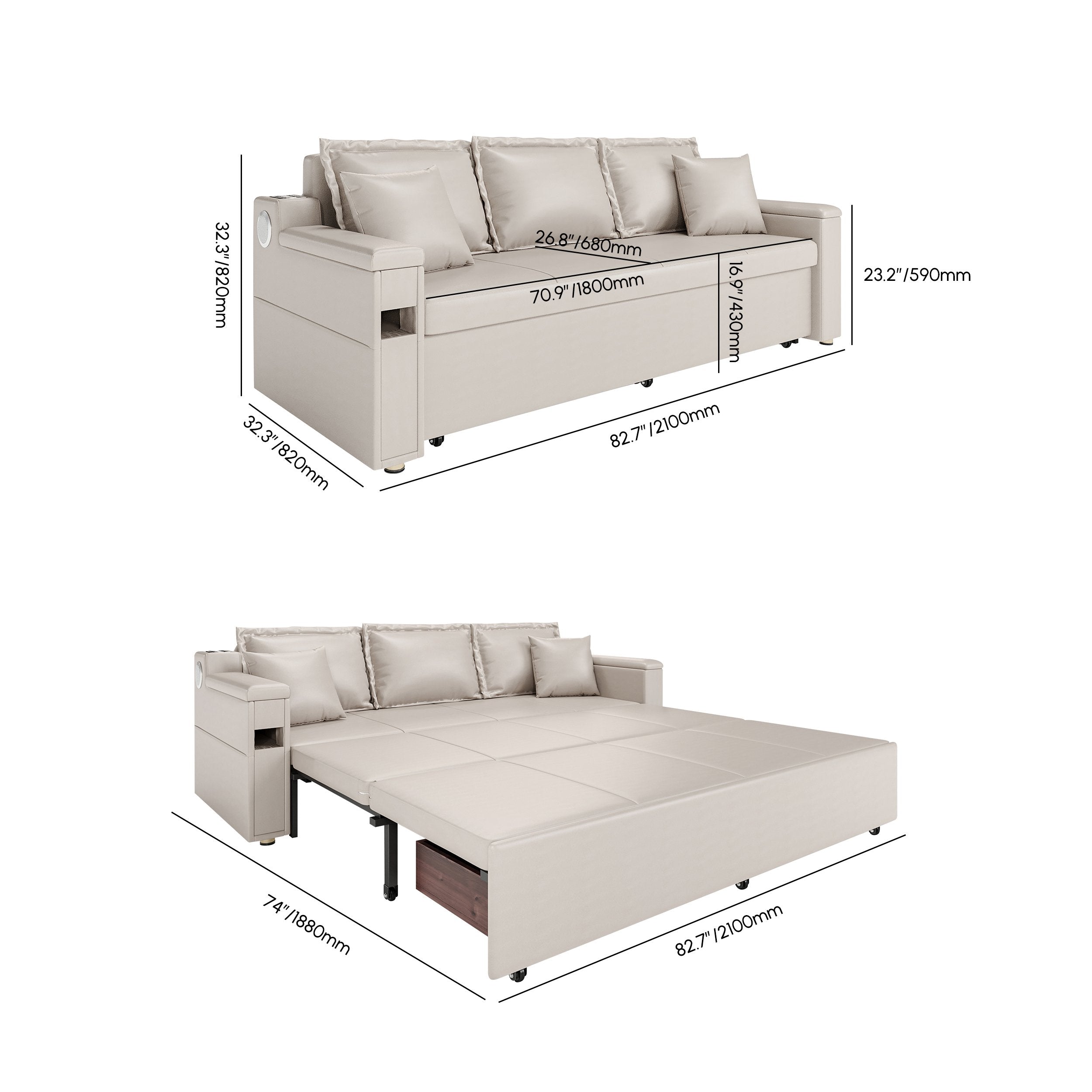 HMR - 83" King 3-Seater Leather Sleeper Sofa with Speaker & USB Ports