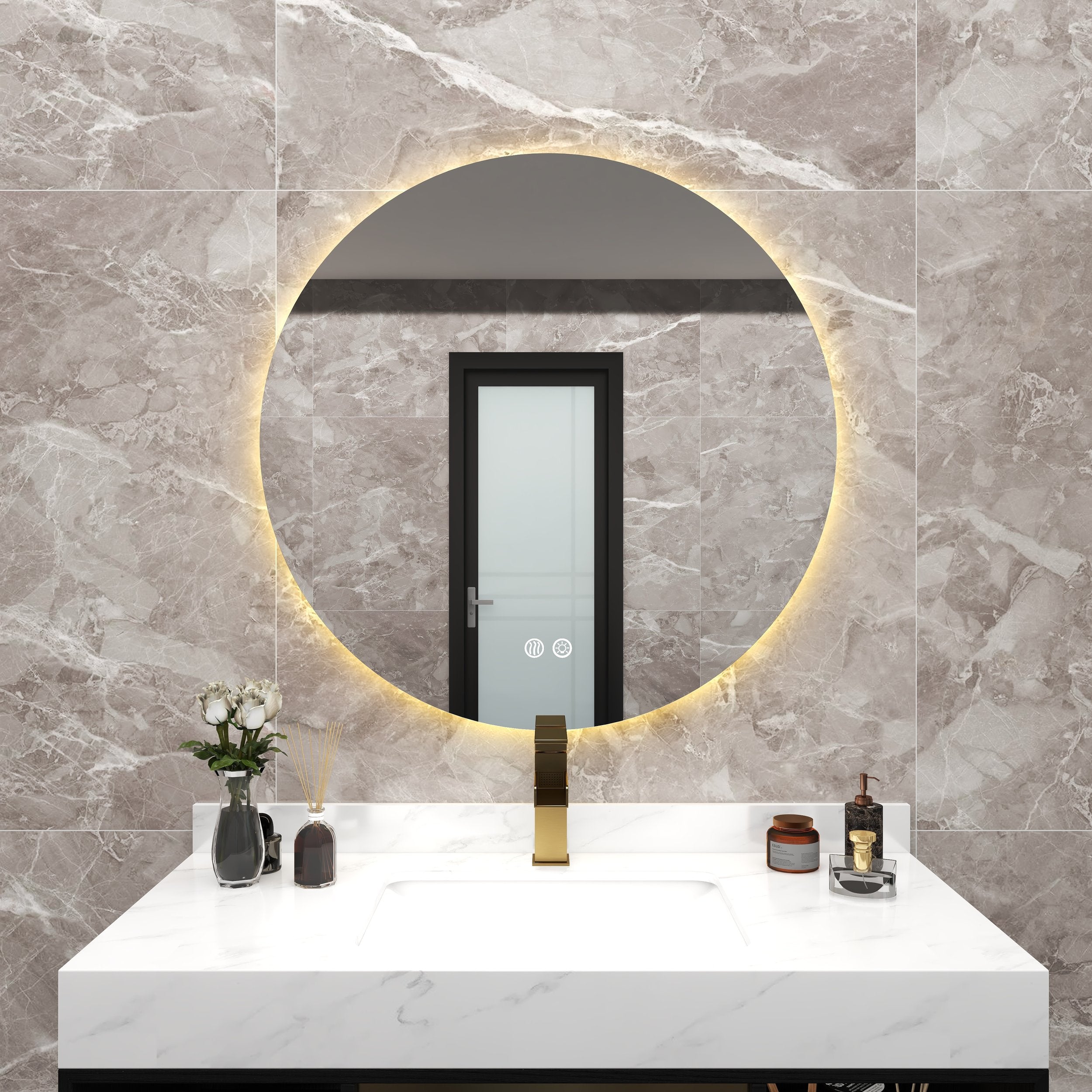 HMR - 24" Frameless Round LED Bathroom Vanity Mirror Acrylic Anti-Fog Wall Mirror