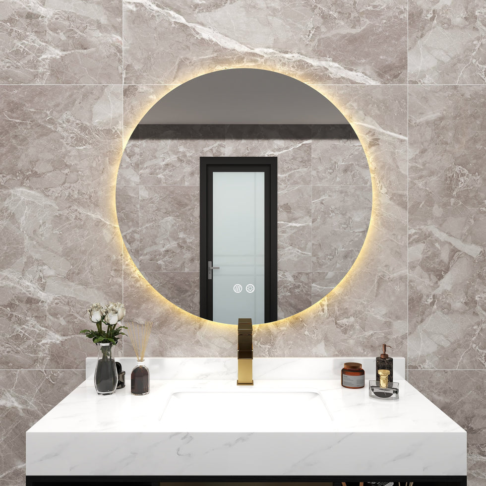 HMR - 24" Frameless Round LED Bathroom Vanity Mirror Acrylic Anti-Fog Wall Mirror