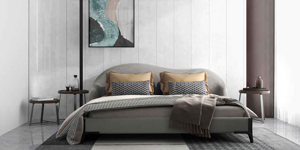 HMR - Queen Size Velvet Upholstered Bed Frame with Low Profile Wingback