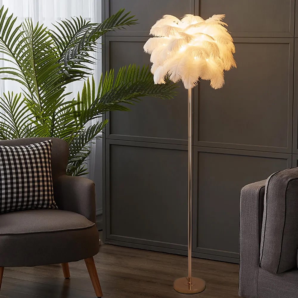 HMR - Loftus Art Deco Rose Gold Floor Lamp with Feather Shade Tree Standing Lamp