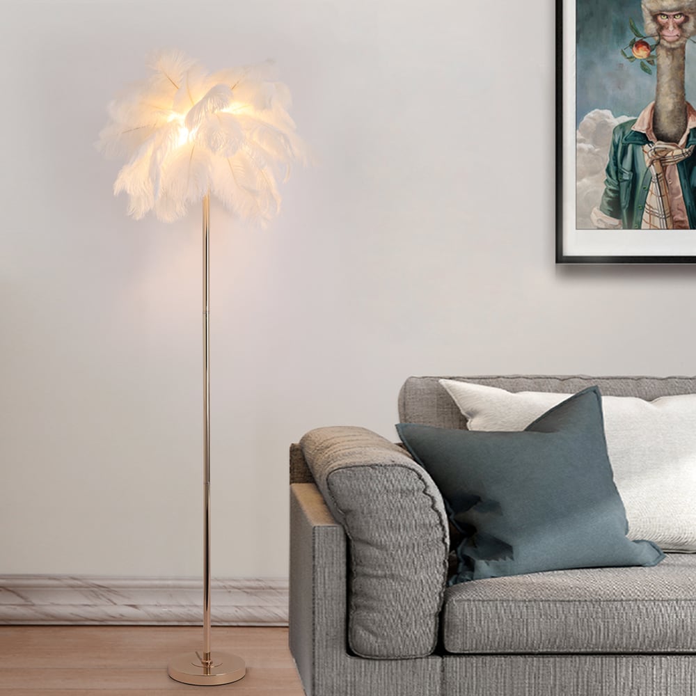 HMR - Loftus Art Deco Rose Gold Floor Lamp with Feather Shade Tree Standing Lamp